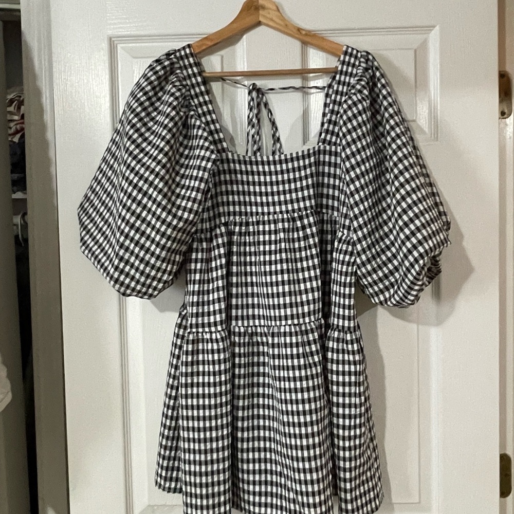 Black & White Gingham Mini Dress with Puff Sleeves